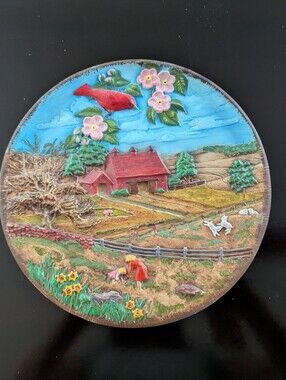 Byron Molds 3D Ceramic Wall Hanging Plate 1980 Farmhouse Spring 10" Vtg